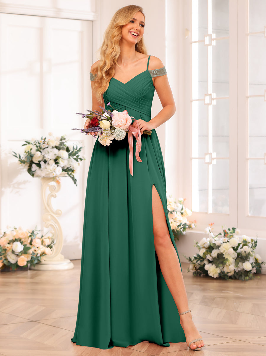 A-Line/Princess Spaghetti Straps Long Wedding Party Dresses with Split Side &amp; Pockets