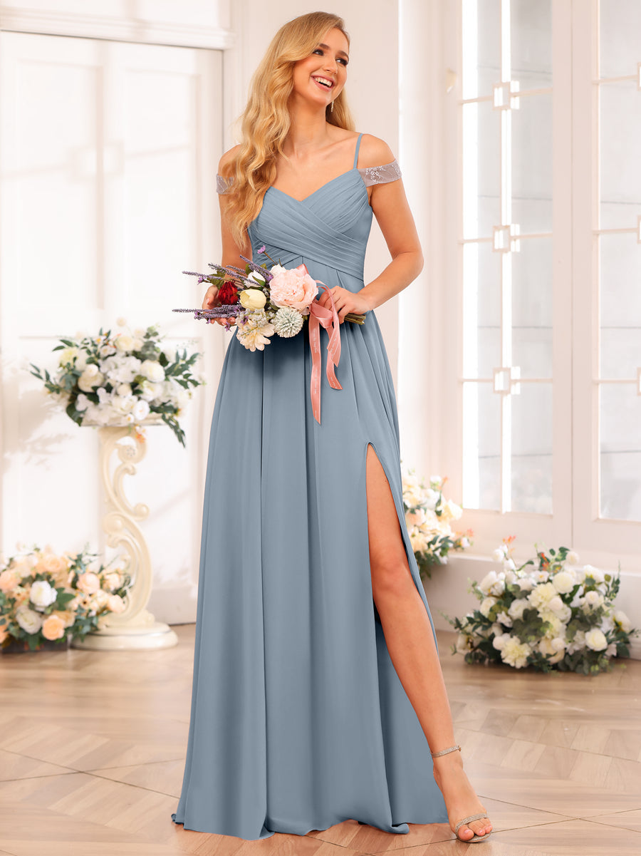A-Line/Princess Spaghetti Straps Long Wedding Party Dresses with Split Side &amp; Pockets