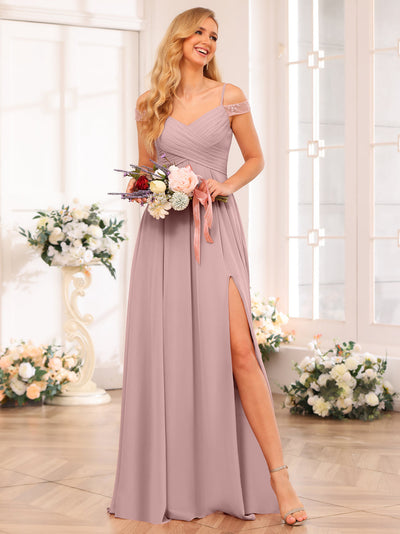 A-Line/Princess Spaghetti Straps Long Wedding Party Dresses with Split Side & Pockets