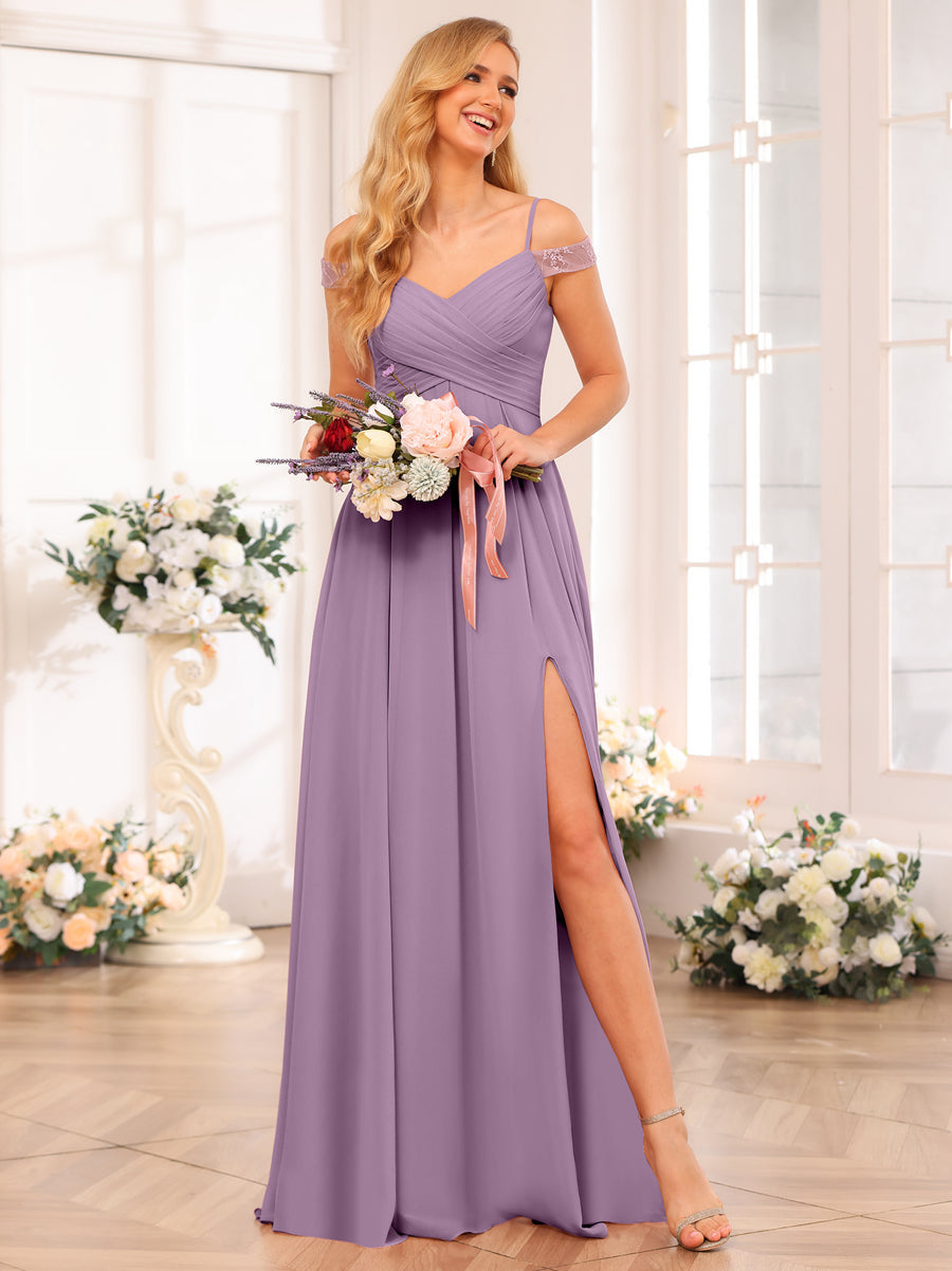 A-Line/Princess Spaghetti Straps Long Wedding Party Dresses with Split Side &amp; Pockets