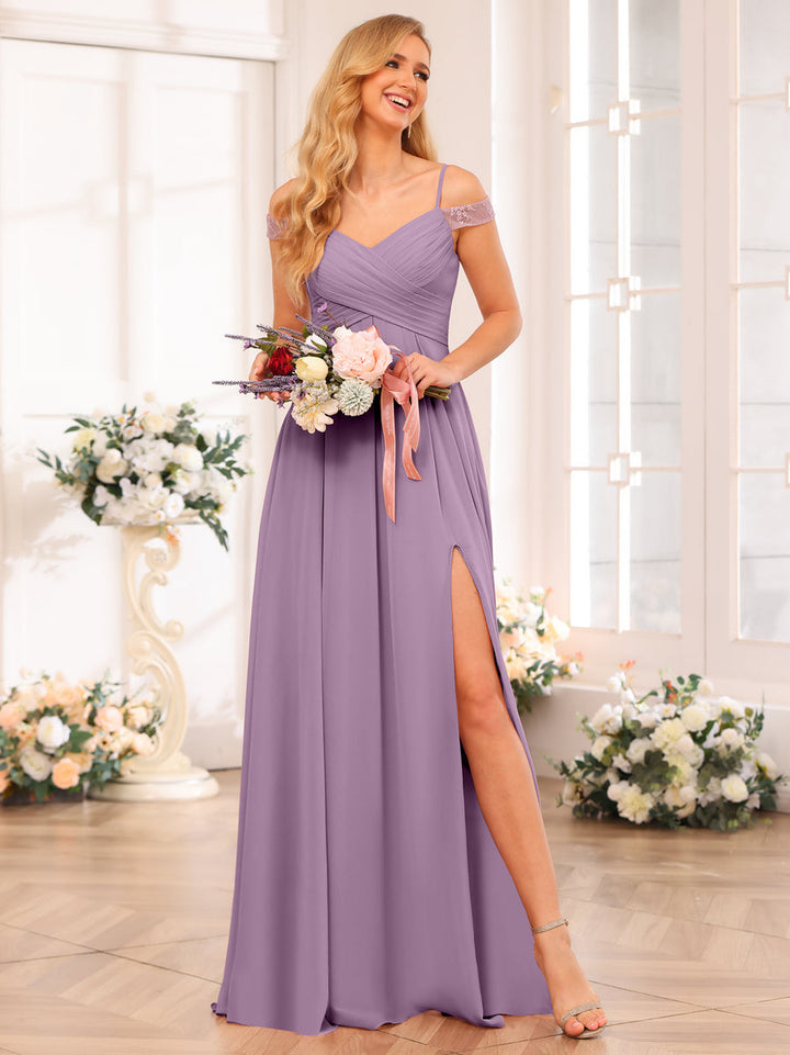 A-Line/Princess Spaghetti Straps Long Wedding Party Dresses with Split Side &amp; Pockets