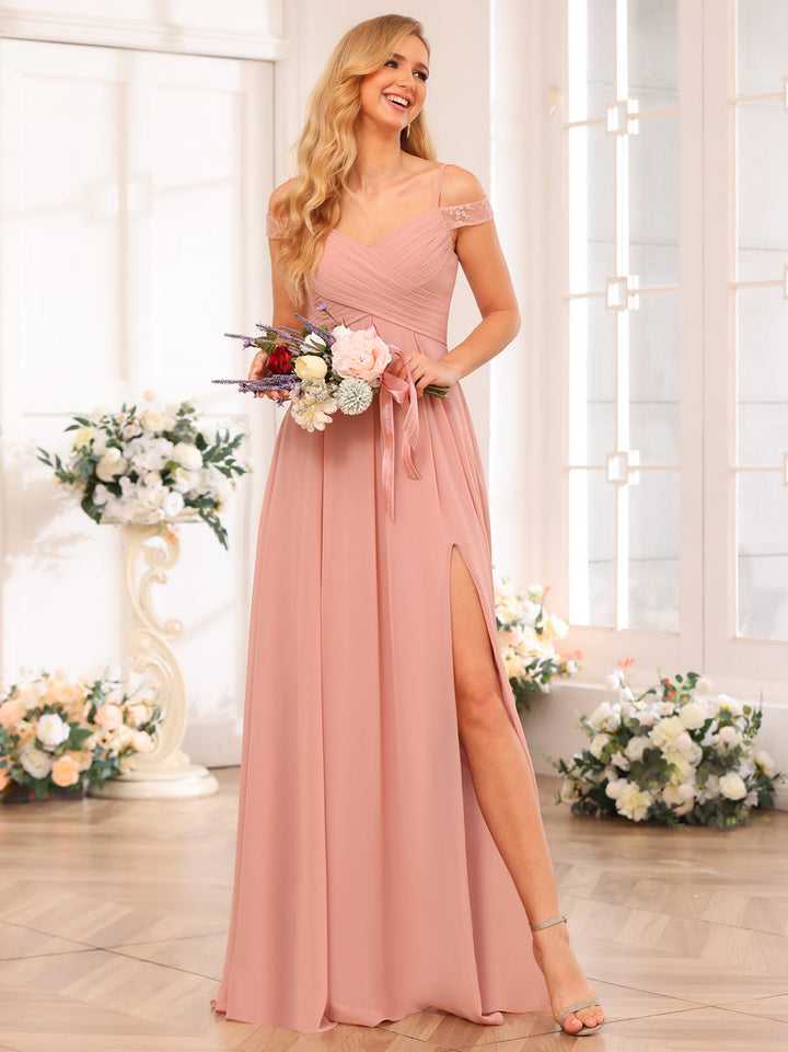 A-Line/Princess Spaghetti Straps Long Wedding Party Dresses with Split Side &amp; Pockets