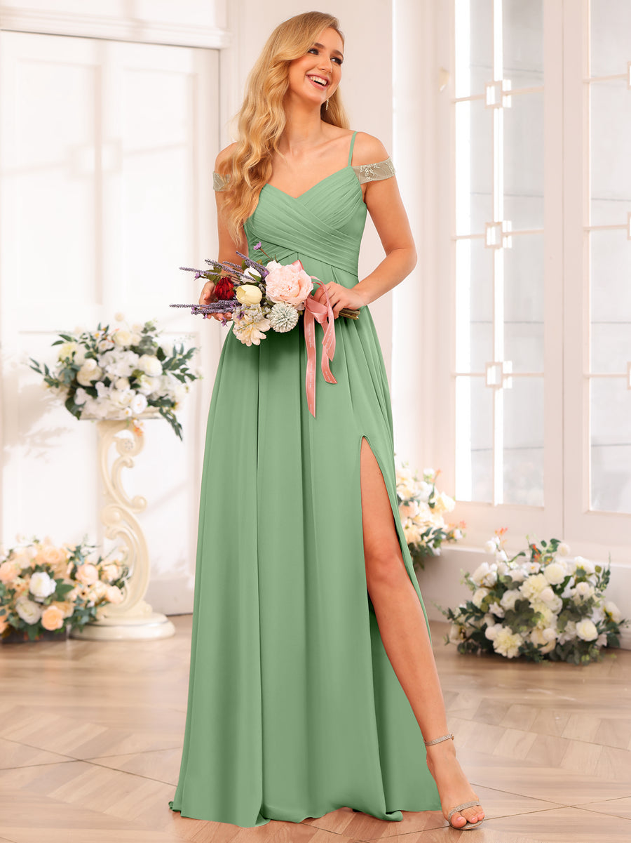 A-Line/Princess Spaghetti Straps Long Wedding Party Dresses with Split Side &amp; Pockets