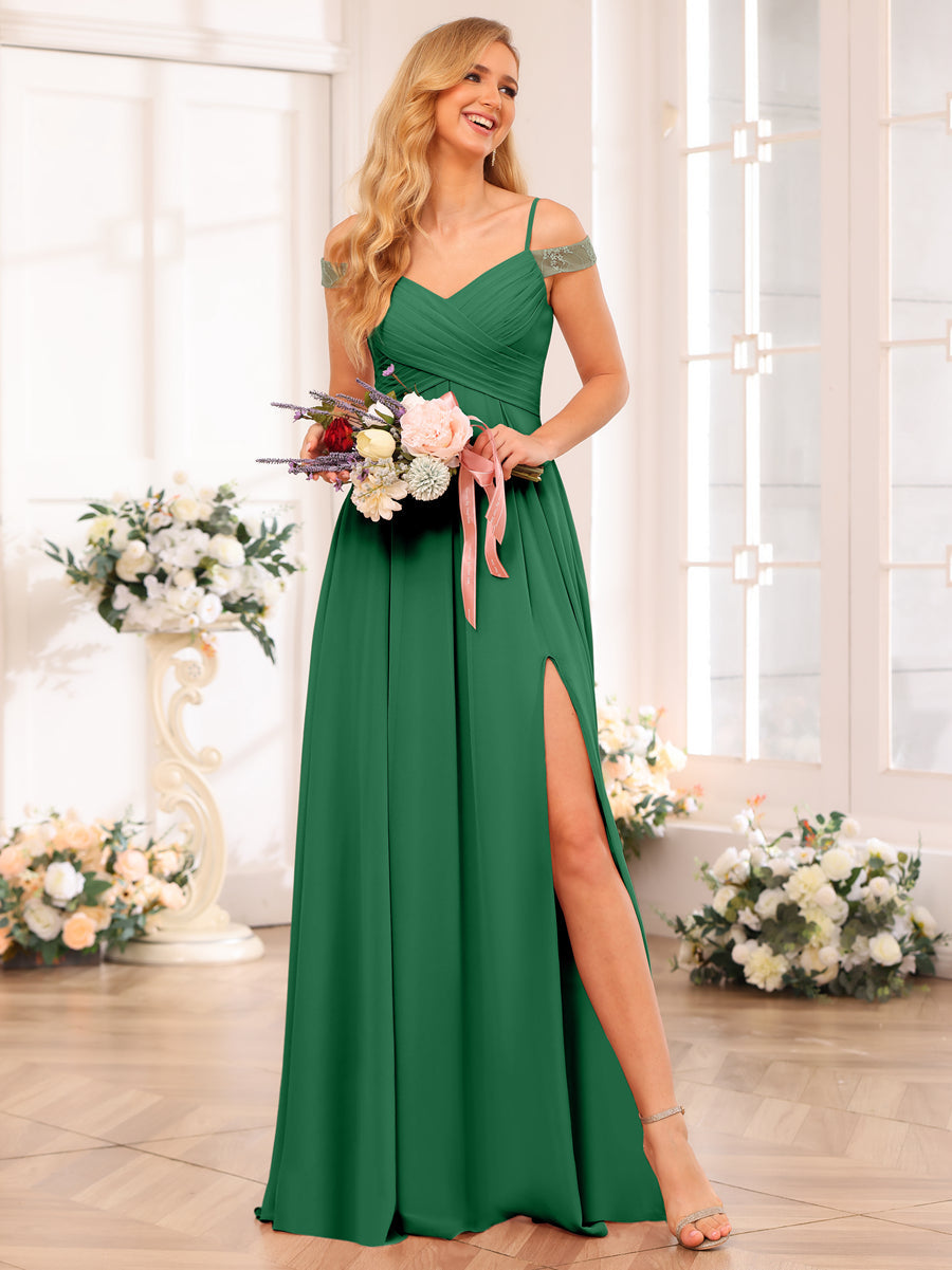 A-Line/Princess Spaghetti Straps Long Wedding Party Dresses with Split Side &amp; Pockets