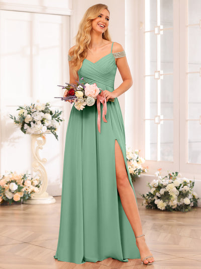 A-Line/Princess Spaghetti Straps Long Wedding Party Dresses with Split Side & Pockets