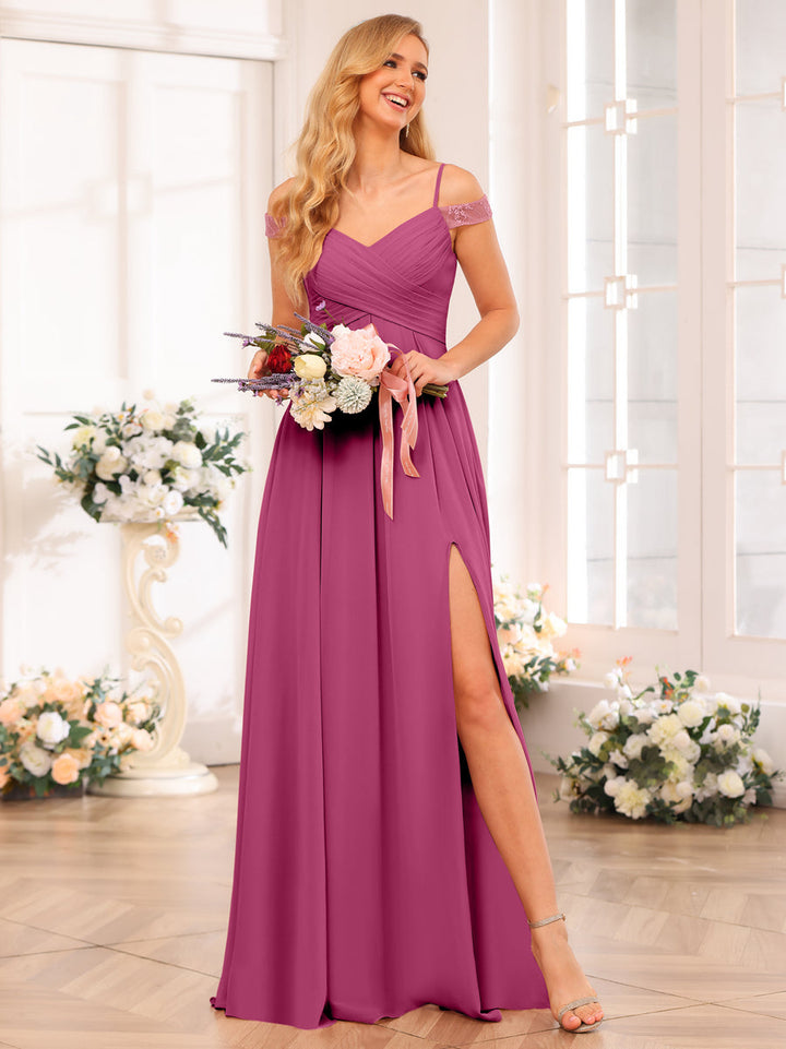 A-Line/Princess Spaghetti Straps Long Wedding Party Dresses with Split Side &amp; Pockets