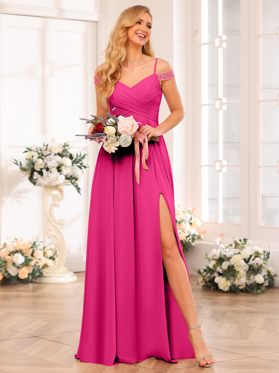 A-Line/Princess Spaghetti Straps Long Wedding Party Dresses with Split Side &amp; Pockets