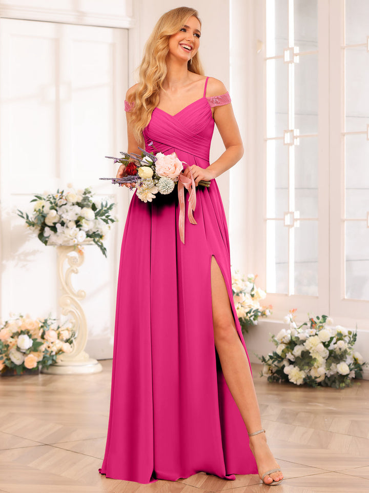 A-Line/Princess Spaghetti Straps Long Wedding Party Dresses with Split Side &amp; Pockets