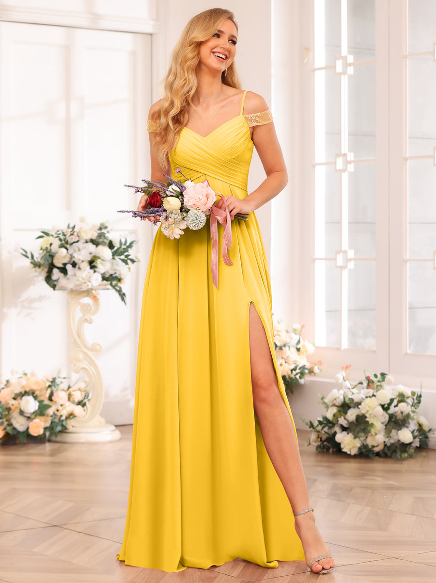 A-Line/Princess Spaghetti Straps Long Wedding Party Dresses with Split Side & Pockets