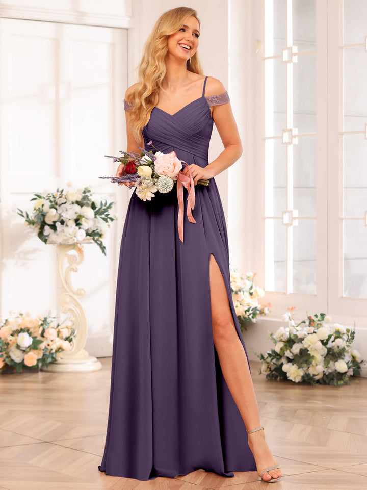 A-Line/Princess Spaghetti Straps Long Wedding Party Dresses with Split Side &amp; Pockets