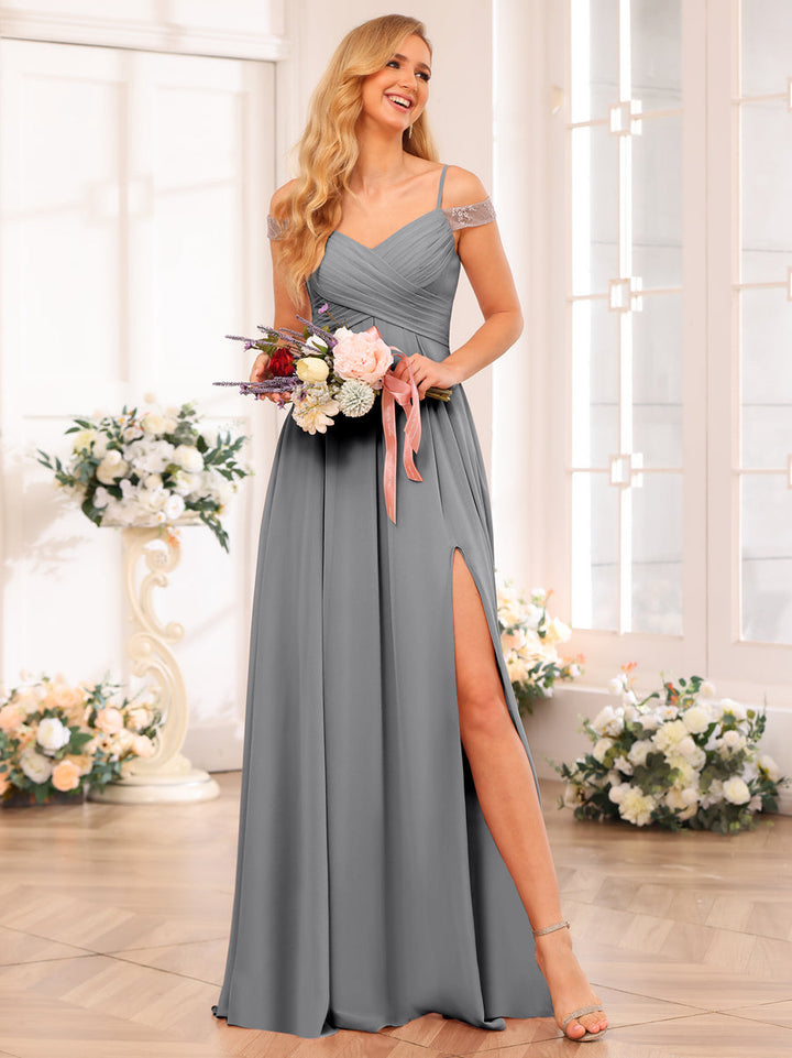 A-Line/Princess Spaghetti Straps Long Wedding Party Dresses with Split Side &amp; Pockets