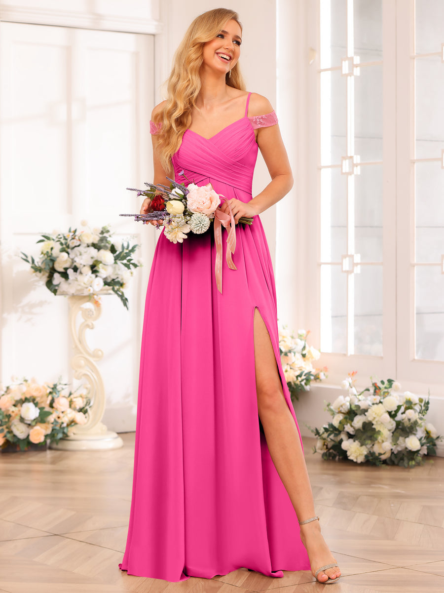 A-Line/Princess Spaghetti Straps Long Wedding Party Dresses with Split Side &amp; Pockets