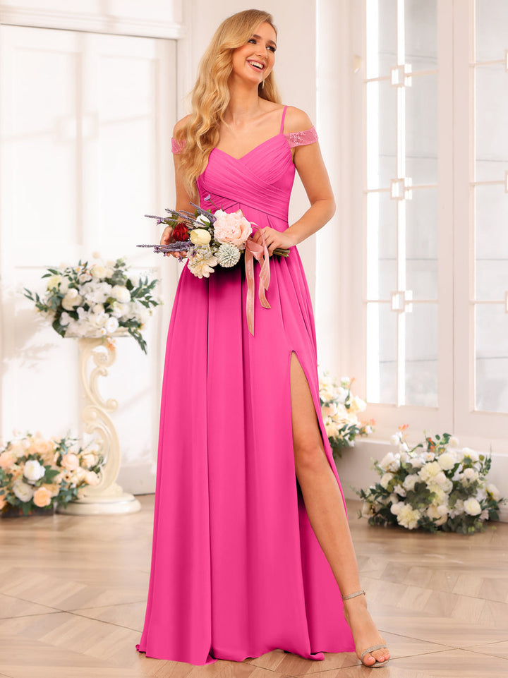 A-Line/Princess Spaghetti Straps Long Wedding Party Dresses with Split Side &amp; Pockets