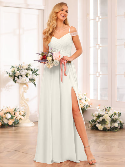 A-Line/Princess Spaghetti Straps Long Wedding Party Dresses with Split Side & Pockets