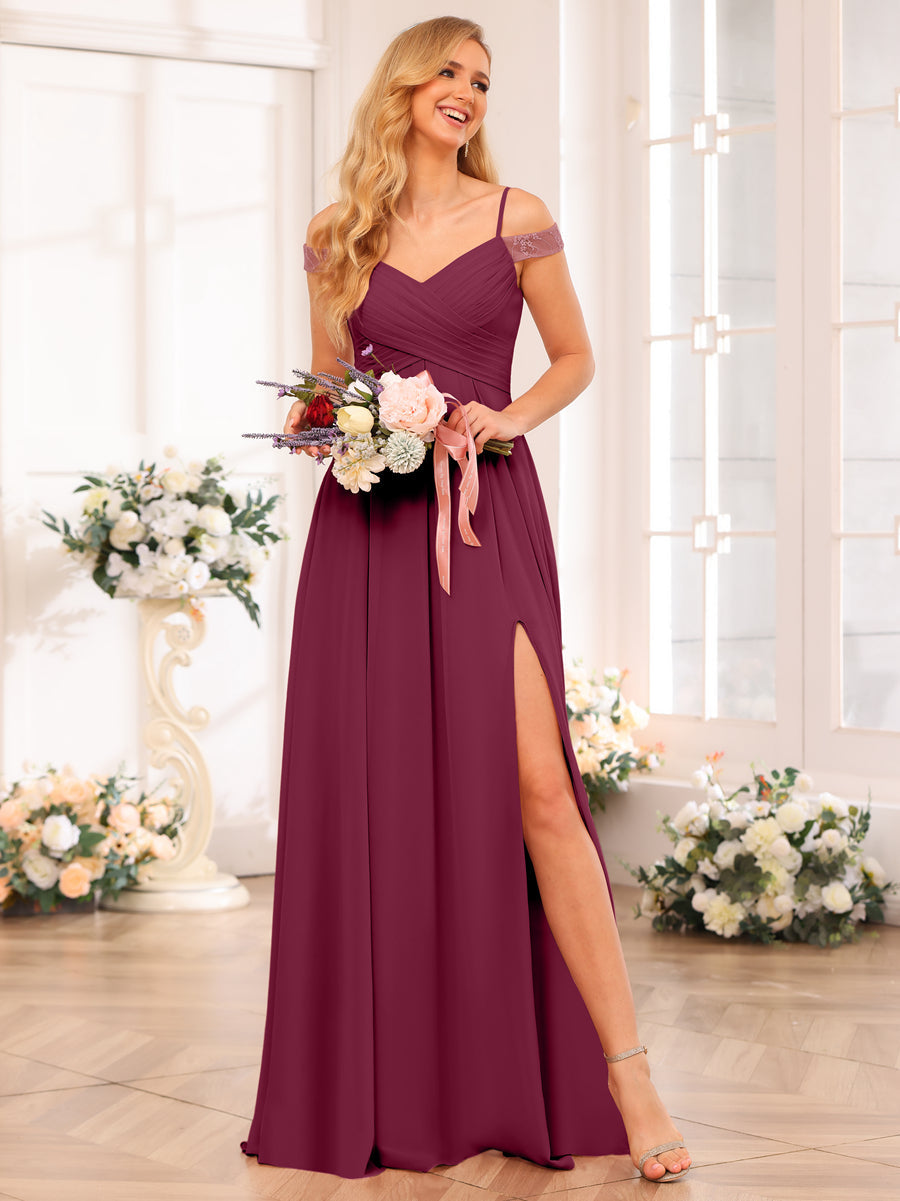 A-Line/Princess Spaghetti Straps Long Wedding Party Dresses with Split Side &amp; Pockets