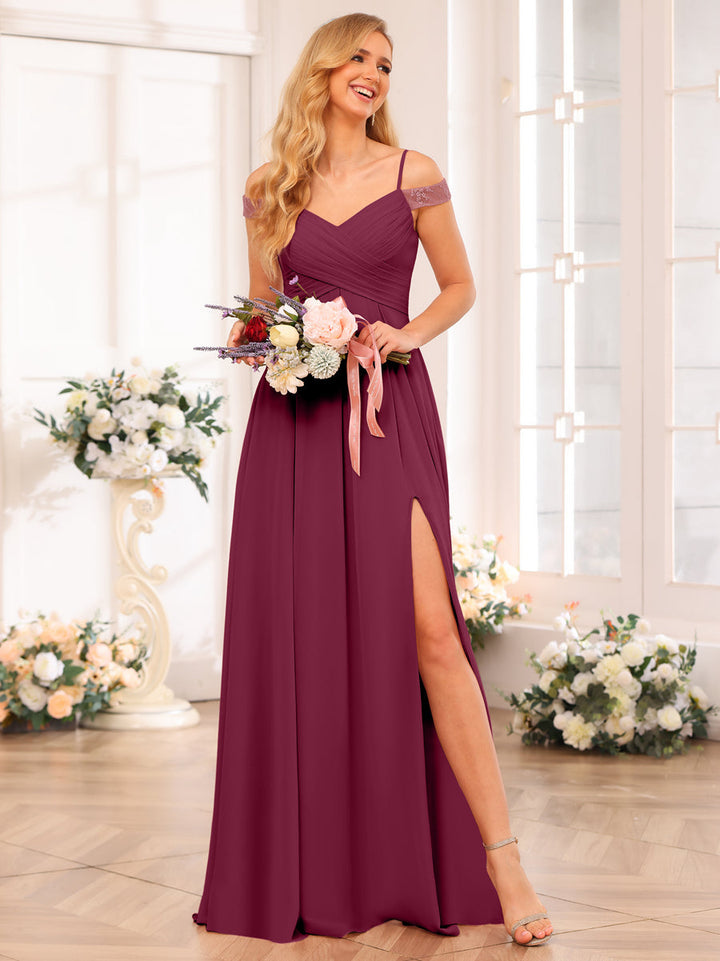 A-Line/Princess Spaghetti Straps Long Wedding Party Dresses with Split Side &amp; Pockets