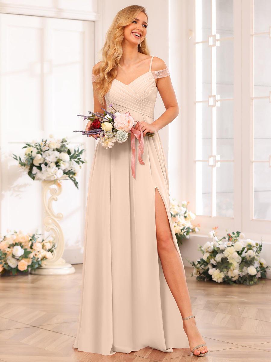 A-Line/Princess Spaghetti Straps Long Wedding Party Dresses with Split Side &amp; Pockets