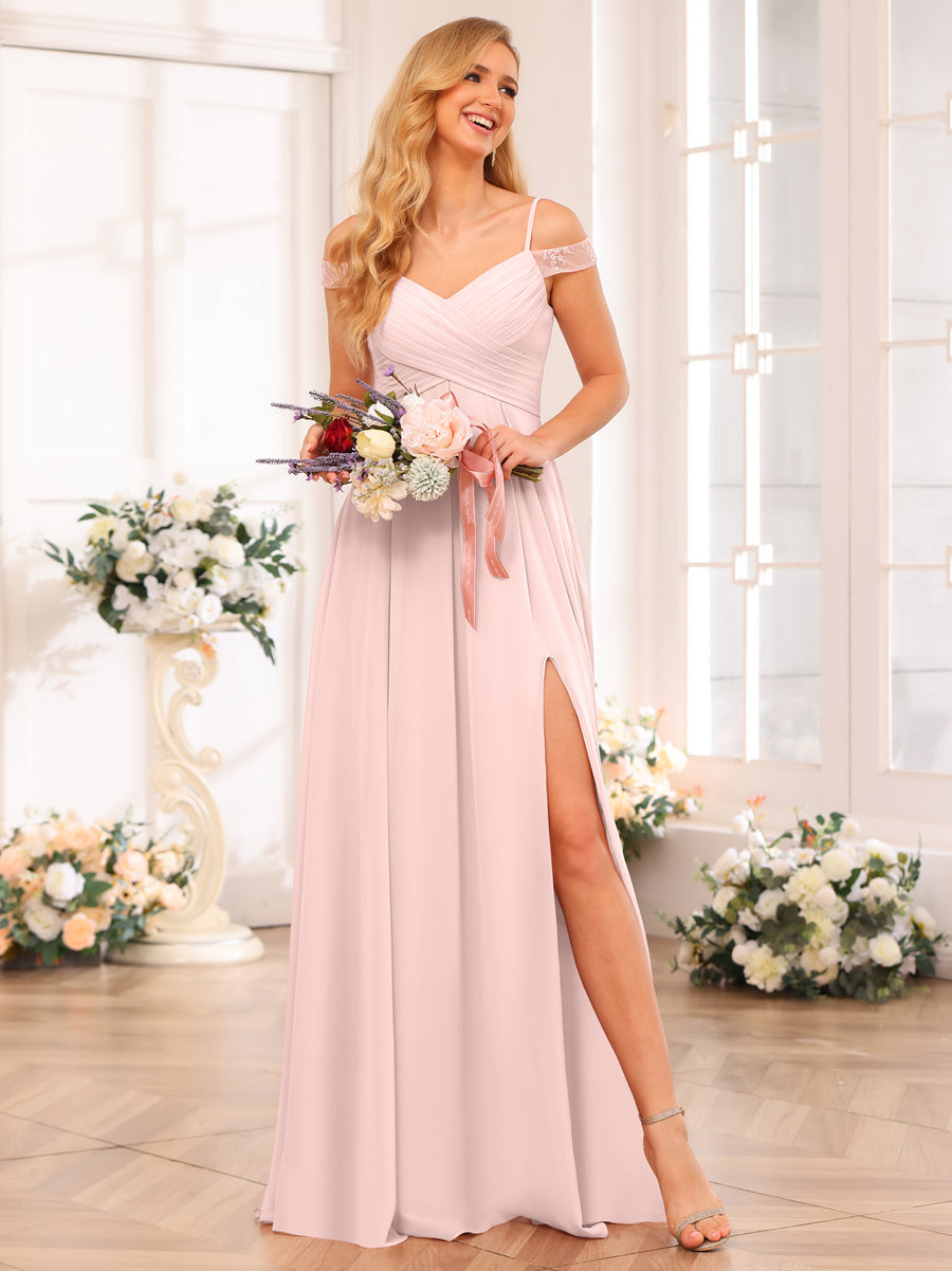 A-Line/Princess Spaghetti Straps Long Wedding Party Dresses with Split Side &amp; Pockets