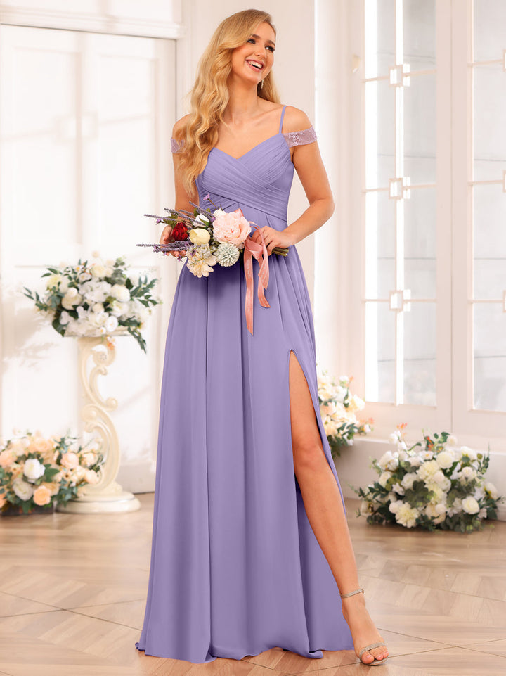 A-Line/Princess Spaghetti Straps Long Wedding Party Dresses with Split Side &amp; Pockets