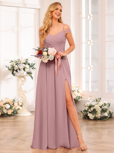 A-Line/Princess Spaghetti Straps Long Wedding Party Dresses with Split Side & Pockets