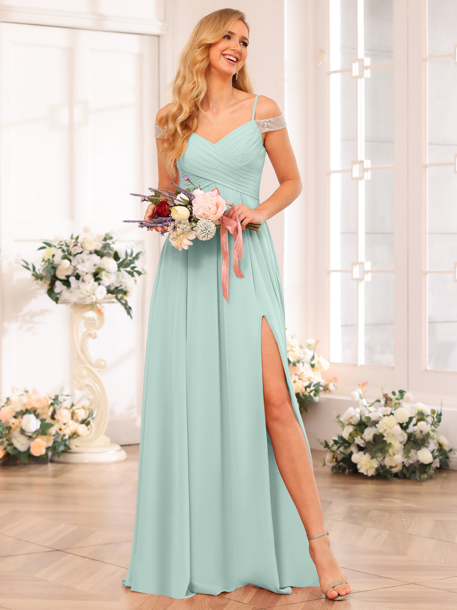 A-Line/Princess Spaghetti Straps Long Wedding Party Dresses with Split Side &amp; Pockets
