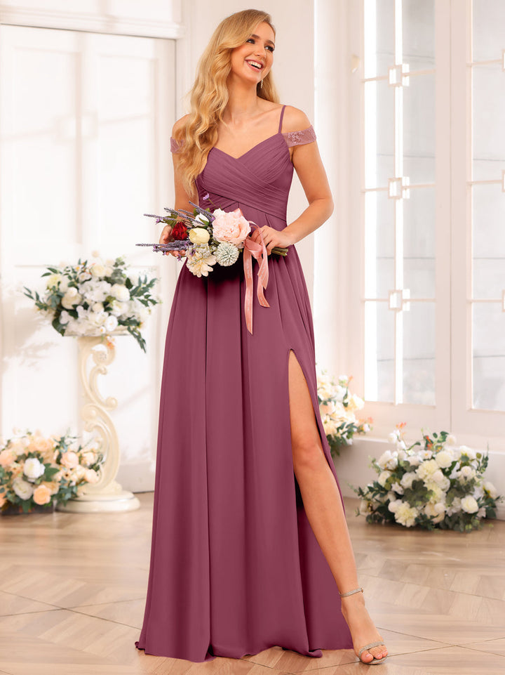 A-Line/Princess Spaghetti Straps Long Wedding Party Dresses with Split Side &amp; Pockets