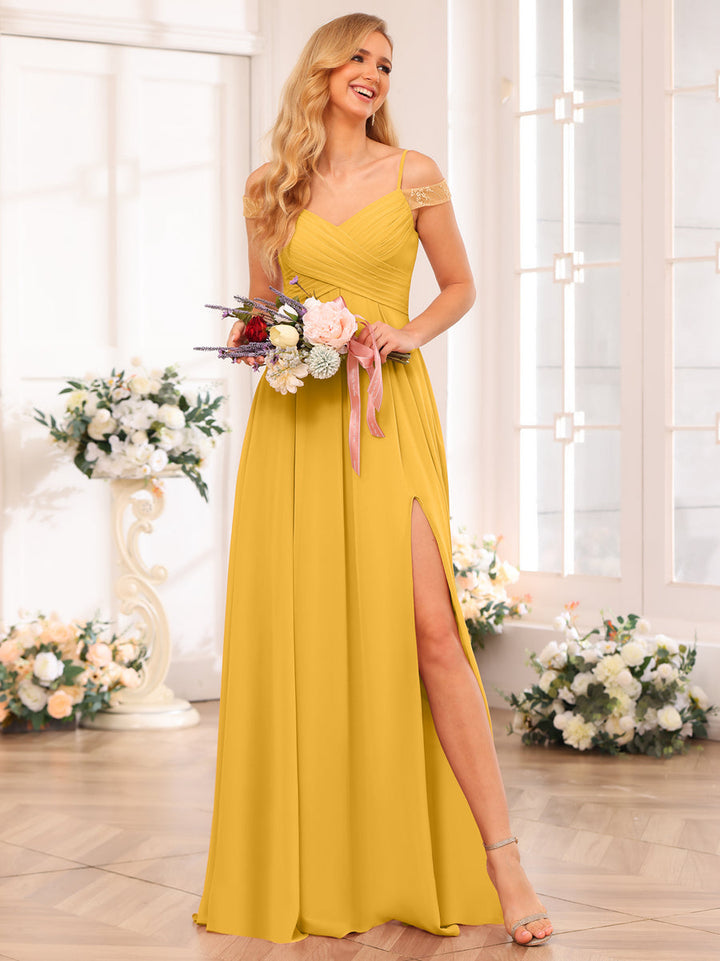 A-Line/Princess Spaghetti Straps Long Wedding Party Dresses with Split Side &amp; Pockets