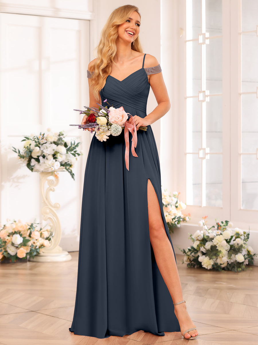 A-Line/Princess Spaghetti Straps Long Wedding Party Dresses with Split Side &amp; Pockets