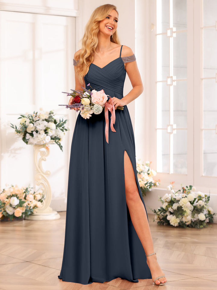 A-Line/Princess Spaghetti Straps Long Wedding Party Dresses with Split Side &amp; Pockets