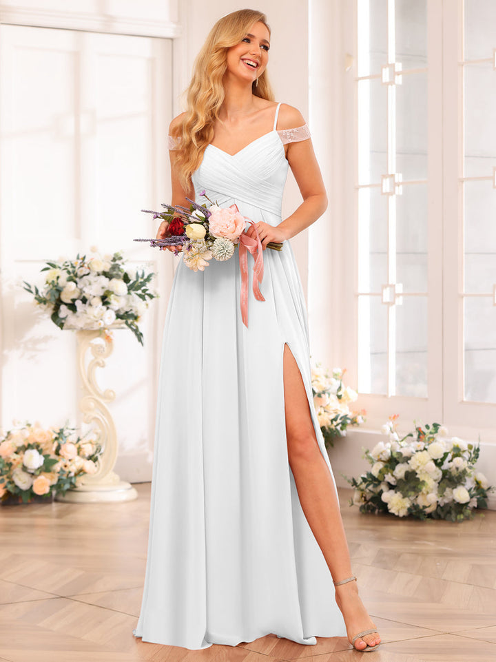 A-Line/Princess Spaghetti Straps Long Wedding Party Dresses with Split Side &amp; Pockets