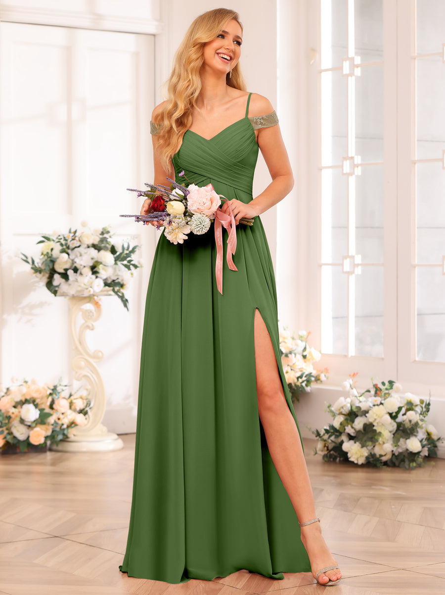A-Line/Princess Spaghetti Straps Long Wedding Party Dresses with Split Side &amp; Pockets