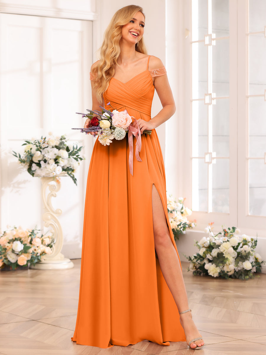 A-Line/Princess Spaghetti Straps Long Wedding Party Dresses with Split Side &amp; Pockets