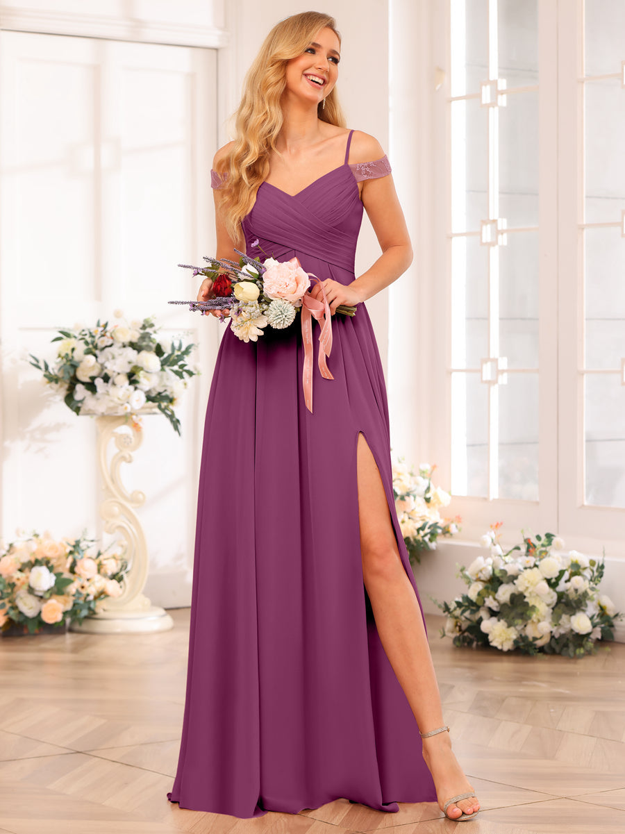A-Line/Princess Spaghetti Straps Long Wedding Party Dresses with Split Side &amp; Pockets