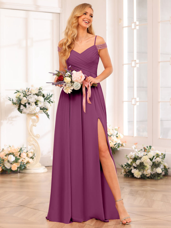A-Line/Princess Spaghetti Straps Long Wedding Party Dresses with Split Side &amp; Pockets