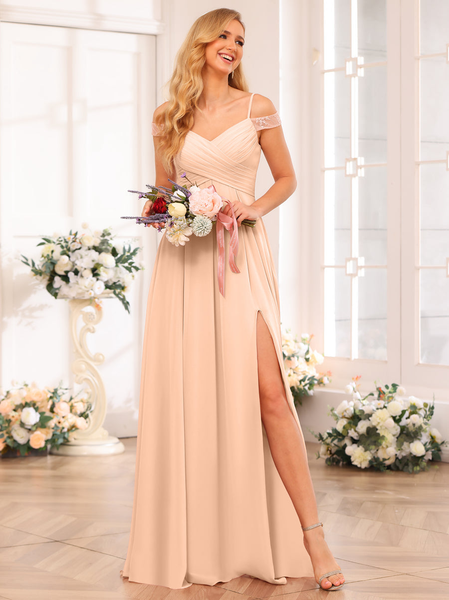 A-Line/Princess Spaghetti Straps Long Wedding Party Dresses with Split Side &amp; Pockets