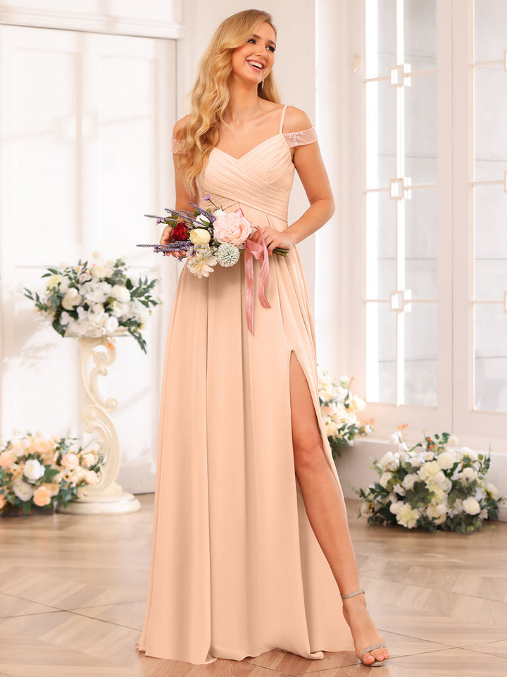 A-Line/Princess Spaghetti Straps Long Wedding Party Dresses with Split Side &amp; Pockets