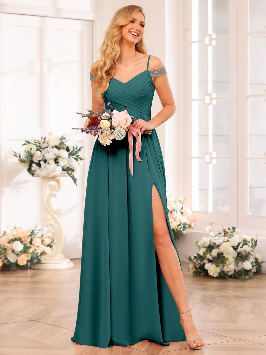A-Line/Princess Spaghetti Straps Long Wedding Party Dresses with Split Side &amp; Pockets