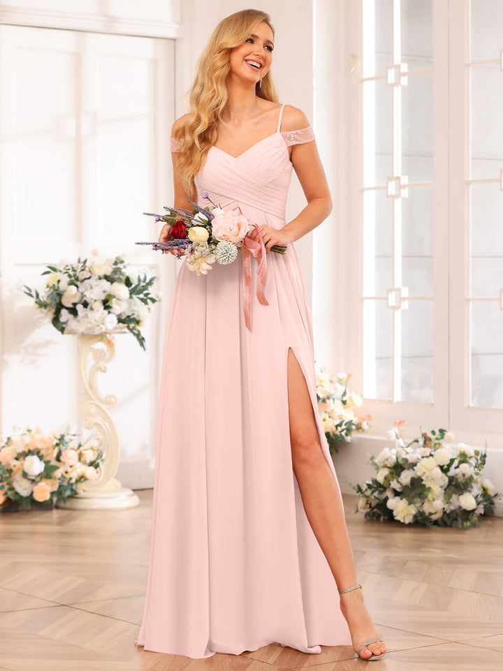 A-Line/Princess Spaghetti Straps Long Wedding Party Dresses with Split Side &amp; Pockets