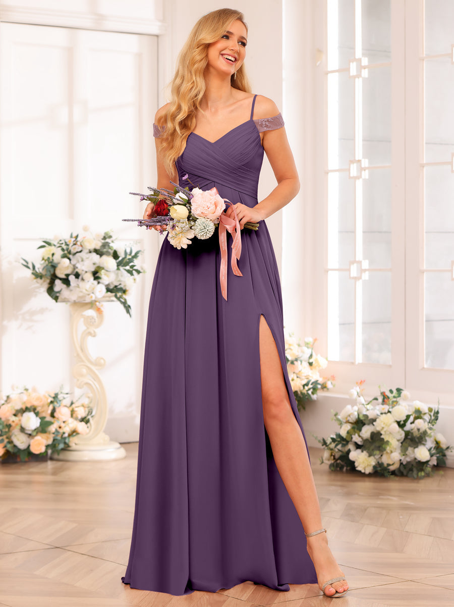 A-Line/Princess Spaghetti Straps Long Wedding Party Dresses with Split Side &amp; Pockets