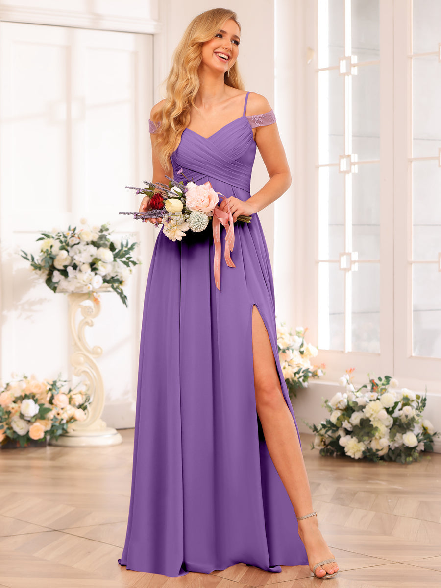 A-Line/Princess Spaghetti Straps Long Wedding Party Dresses with Split Side &amp; Pockets
