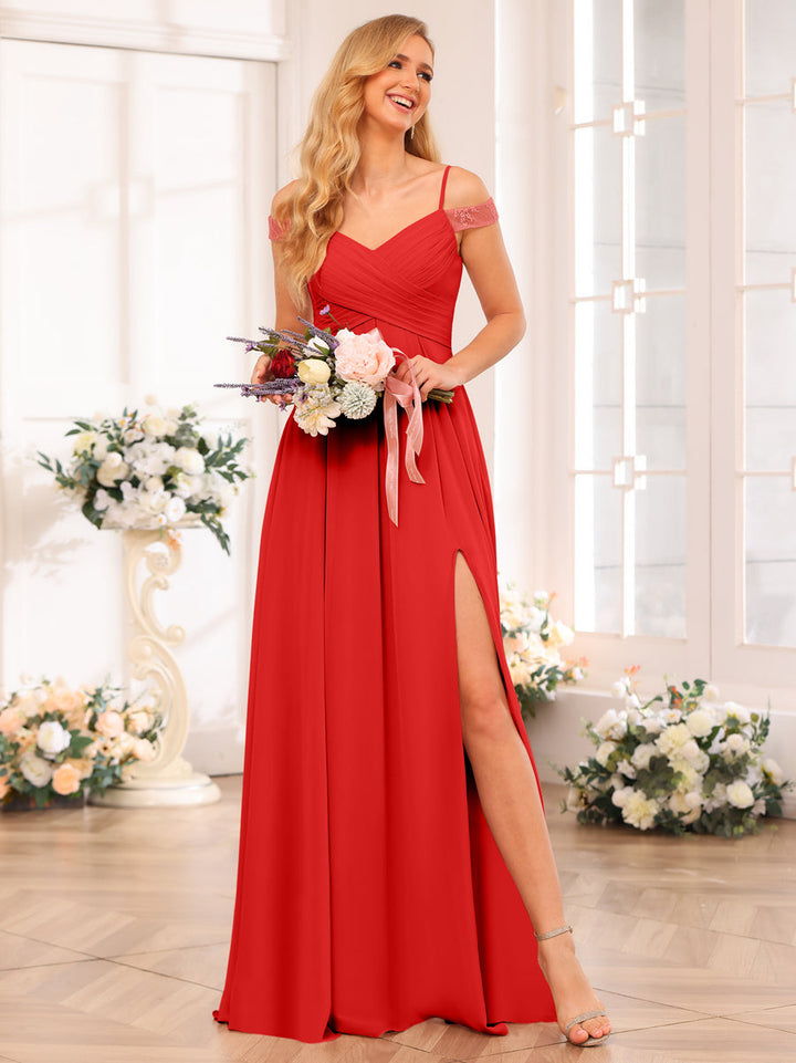 A-Line/Princess Spaghetti Straps Long Wedding Party Dresses with Split Side &amp; Pockets