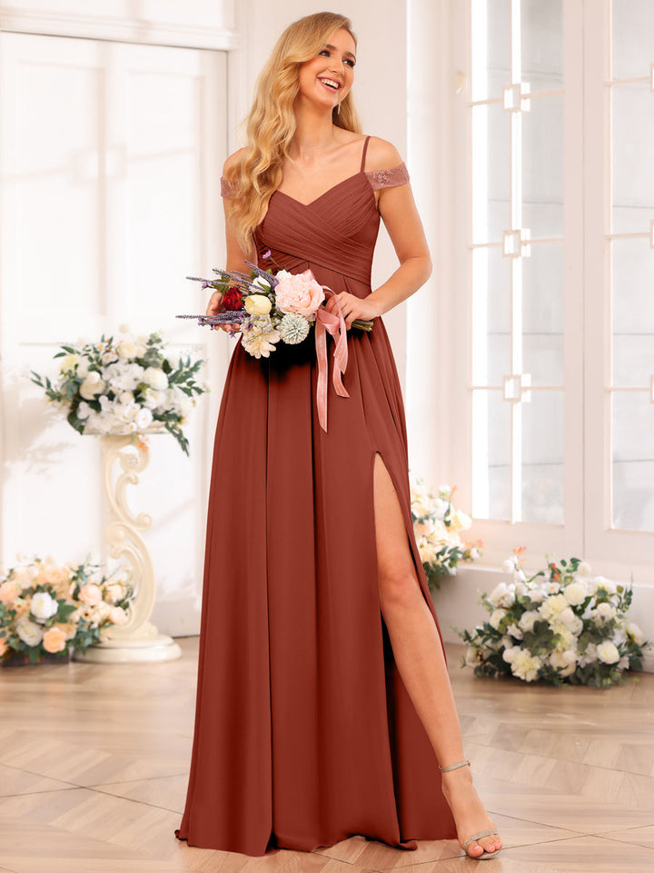 A-Line/Princess Spaghetti Straps Long Wedding Party Dresses with Split Side &amp; Pockets
