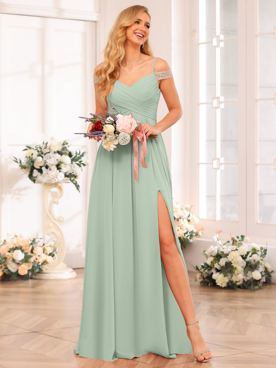 A-Line/Princess Spaghetti Straps Long Wedding Party Dresses with Split Side & Pockets