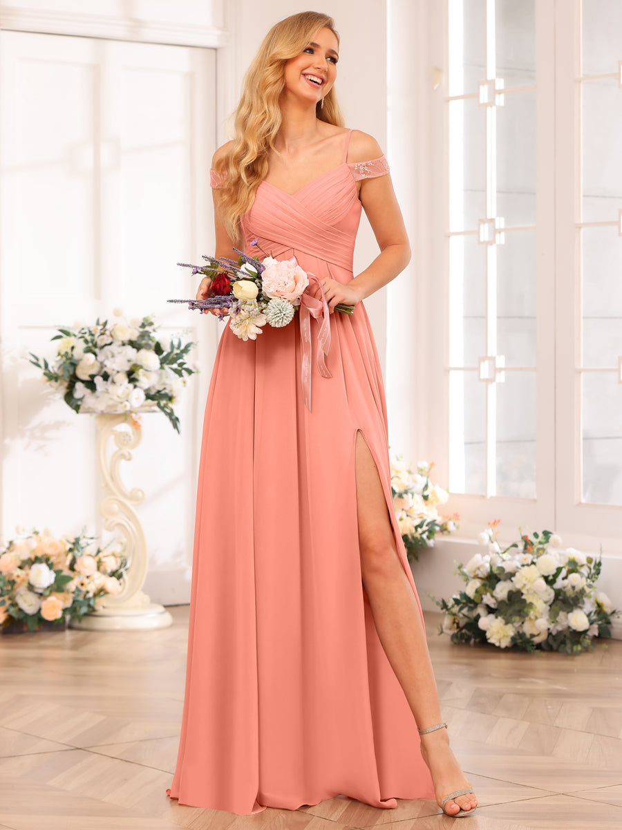 A-Line/Princess Spaghetti Straps Long Wedding Party Dresses with Split Side &amp; Pockets