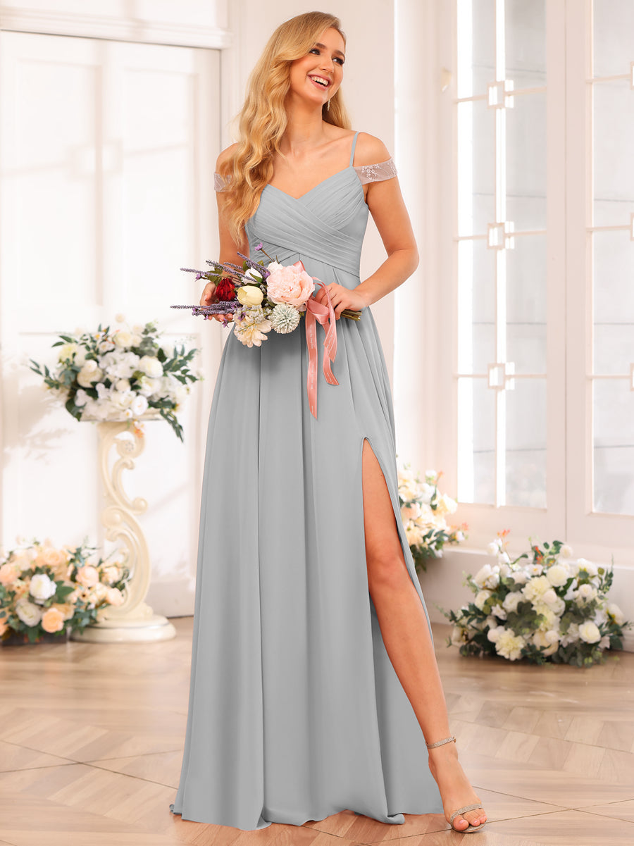 A-Line/Princess Spaghetti Straps Long Wedding Party Dresses with Split Side &amp; Pockets
