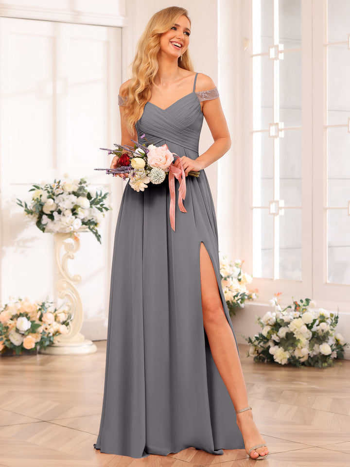 A-Line/Princess Spaghetti Straps Long Wedding Party Dresses with Split Side &amp; Pockets