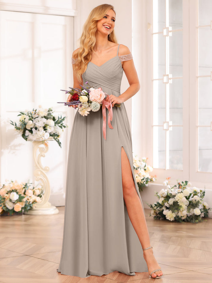 A-Line/Princess Spaghetti Straps Long Wedding Party Dresses with Split Side &amp; Pockets