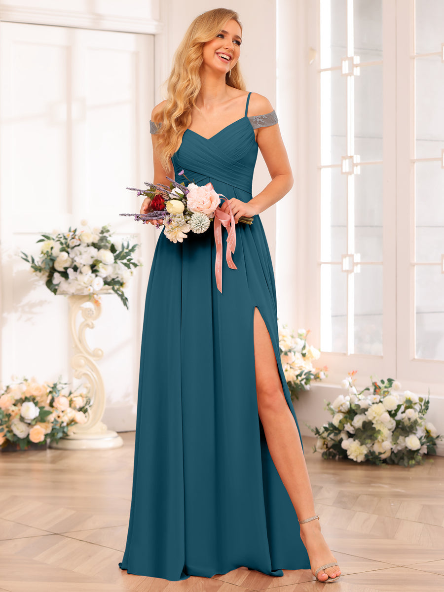A-Line/Princess Spaghetti Straps Long Wedding Party Dresses with Split Side &amp; Pockets