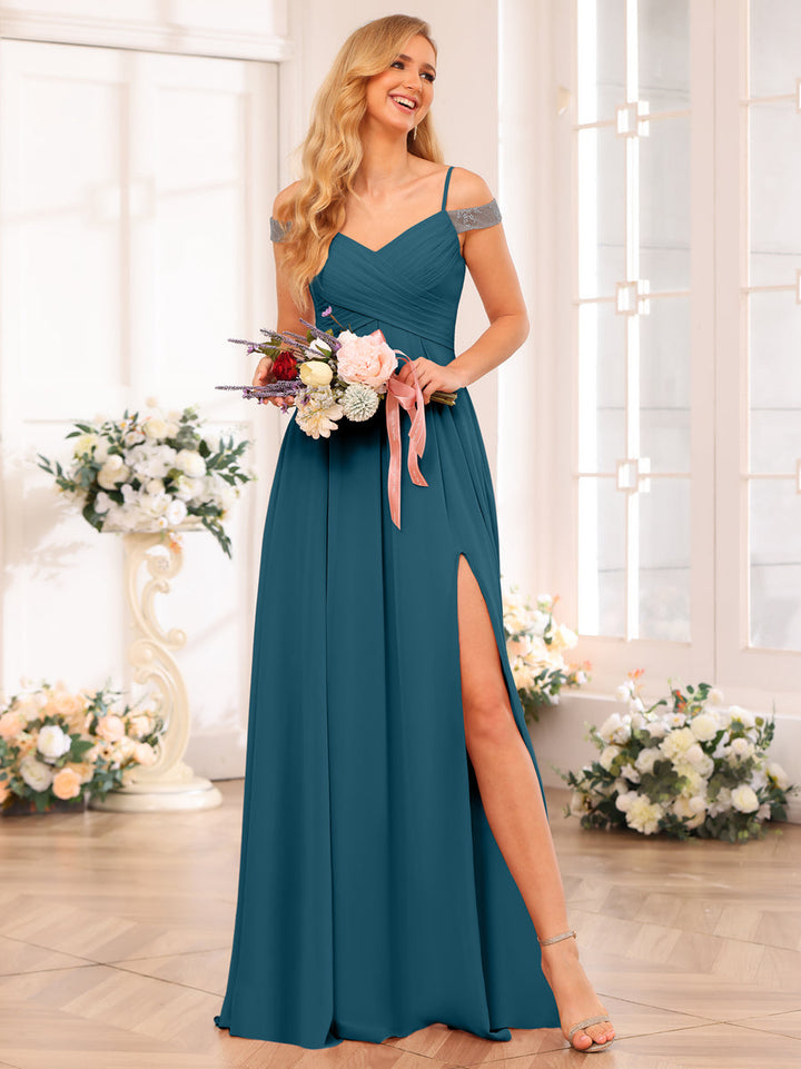 A-Line/Princess Spaghetti Straps Long Wedding Party Dresses with Split Side &amp; Pockets