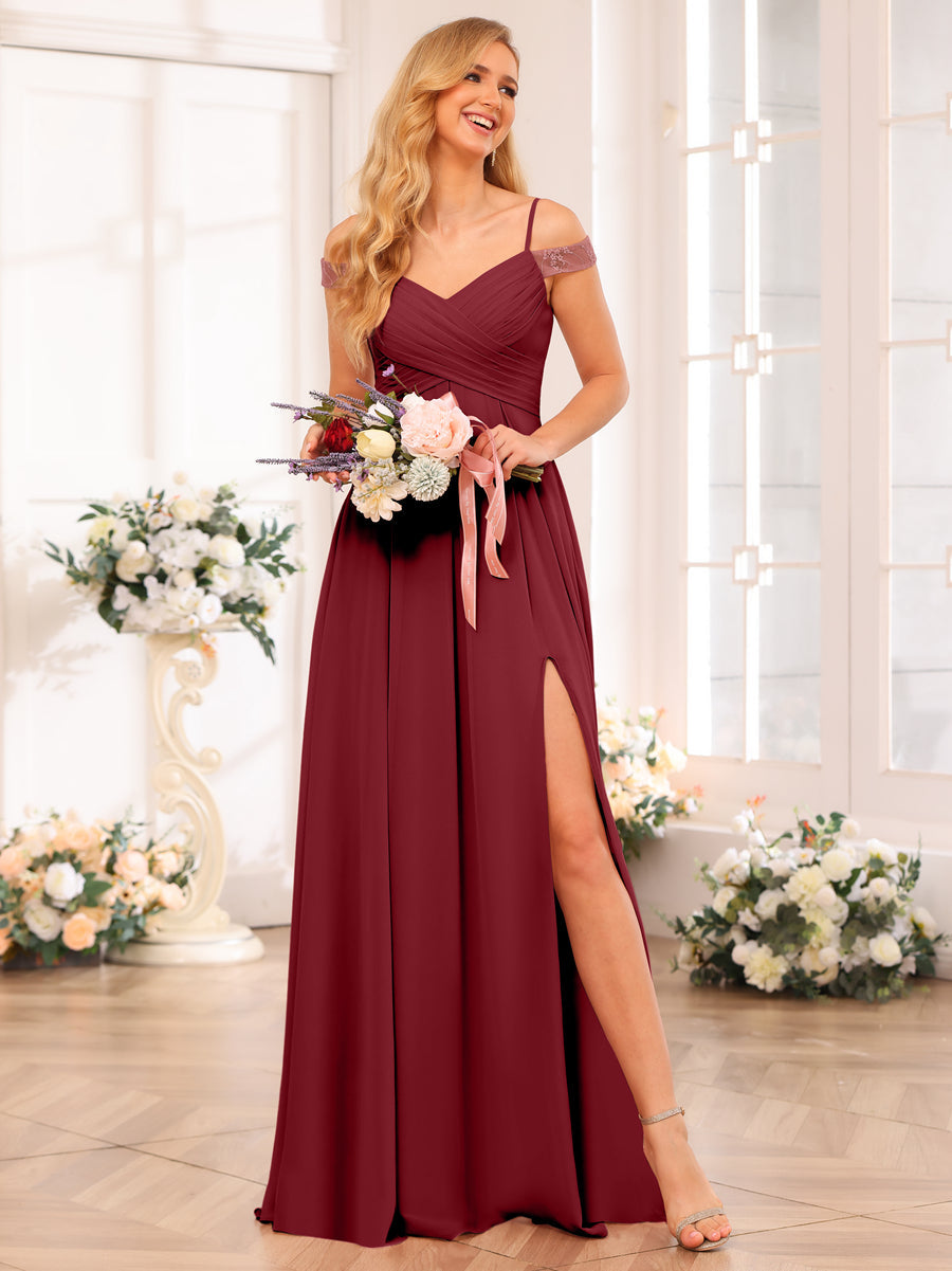 A-Line/Princess Spaghetti Straps Long Wedding Party Dresses with Split Side &amp; Pockets